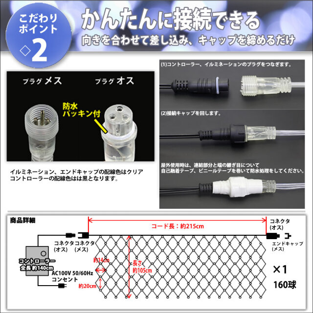 クリスマス LED イルミネーション ネットライト (網状) 防滴 防雨 屋外 屋内 用 8パターン点灯 ・ メモリー機能 コントローラー Aタイプ  付【全11色・160球～320球から選択】 【N001】 イルミファンタジー